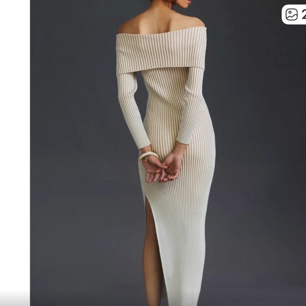 Anthropologie Ribbed Off-Shoulder Midi Dress in Beige - Picture 2 of 8